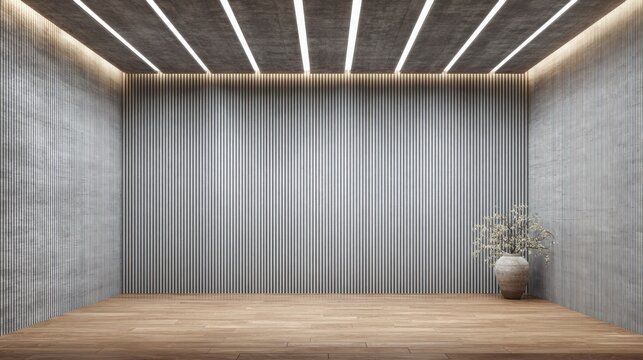 a large wall with gray wallpaper, wooden floor, and a ceiling with strip lights, an empty room mock-up interior design concept.