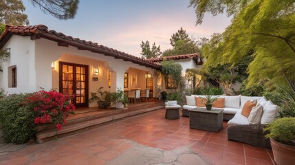 Fototapeta premium A serene home with a large patio surrounded by terracotta flooring and vibrant greenery The red-tiled roof and