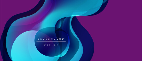 Abstract fluid shapes, vibrant blues, purples create dynamic background. Modern design elements suggest movement, energy.