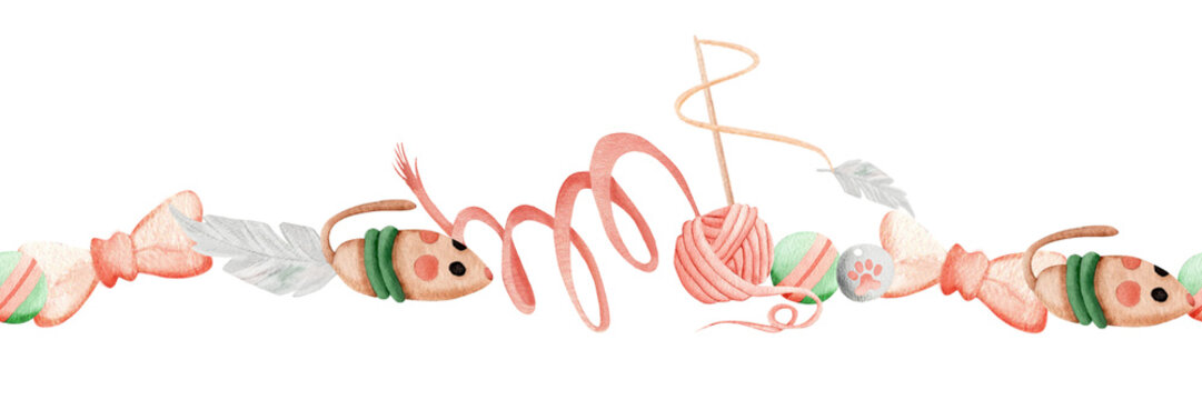 Cat toys: mouse, ball, bow, feather, ball, ribbon, fishing rod, ball of yarn. Seamless watercolor border. Simple illustration in pastel colors.