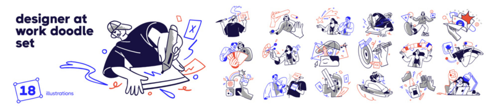 Concept set of designers at work. Creative people create web design, redesign. Doodle men and women with talent are drawing UI, fixing websites. Flat isolated outline vector illustrations on white