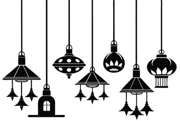 Retro collection shows six black ornate pendant lights hanging against a clean white background