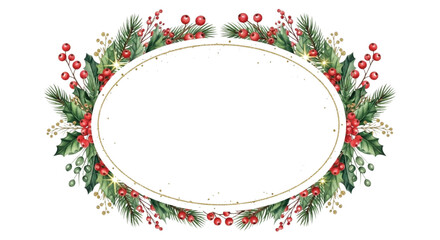Watercolor Glitter Christmas Oval Floral Frame with Holly Leaves, Red Berries and Gold Sparkle Accents