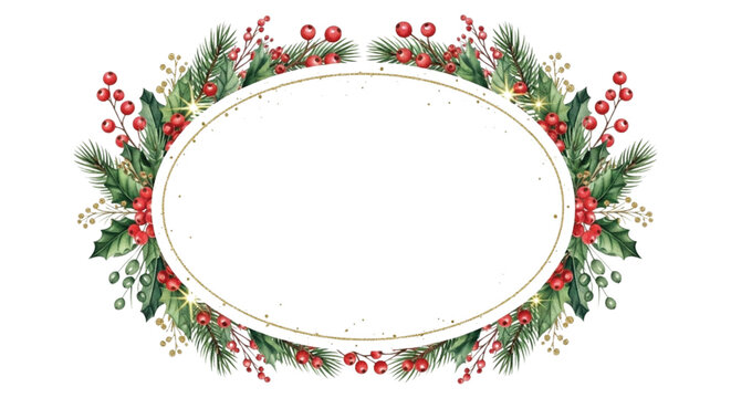 Watercolor Glitter Christmas Oval Floral Frame with Holly Leaves, Red Berries and Gold Sparkle Accents