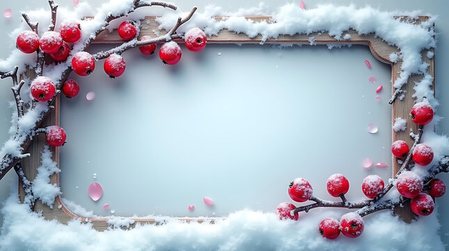 Winter Frame with Snowy Red Berries and Frosted Branches
- Powered by Adobe