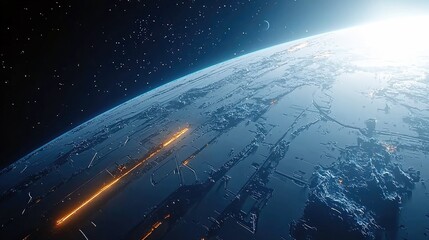 An aerial view of a futuristic Earth from space, showcasing a vast, intricate cityscape with glowing orange lights and a bright sun illuminating the planet's su