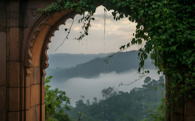Monsoon Stone Arch Backdrop Over Misty Indian Valley with Emerald Vines and Rainlight Romance