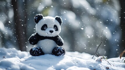 Stuffed panda on a snowy hill