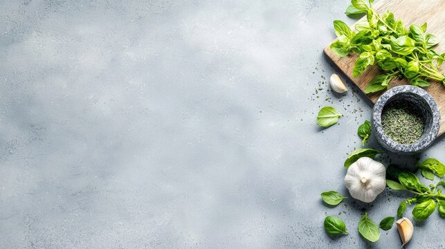 A mortar and pestle filled with dried herbs sits next to fresh basil and garlic on a wooden cutting board, arranged on a textured gray surface with scattered he - Powered by Adobe