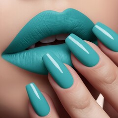 Close-up of turquoise acrylic nails and matching lip color, highlighting bold and vibrant beauty styling.