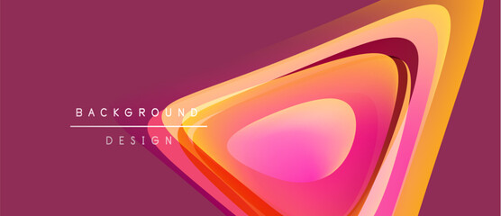 Abstract geometric shapes overlap, creating vibrant color gradients. Pink background complements orange, yellow hues. Modern design element.