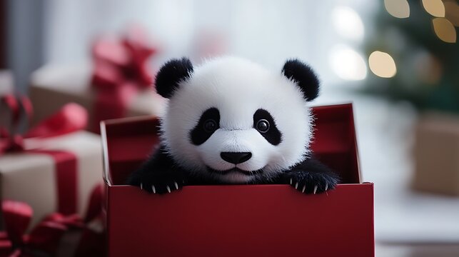 Stuffed panda peeking out of a gift box