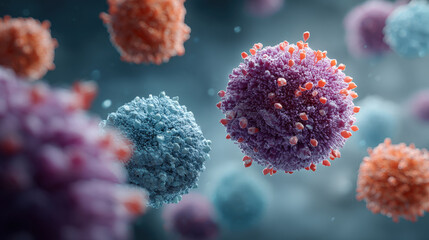 Detailed 3D Medical Illustration of a Group of Microscopic Viral Particles or Cancer Cells in Purple, Blue, and Orange Hues, Representing Virology, Immunology, and Disease Research