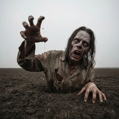 A hand emerging from dark soil in an outdoor setting, forming a striking and conceptual visual composition.