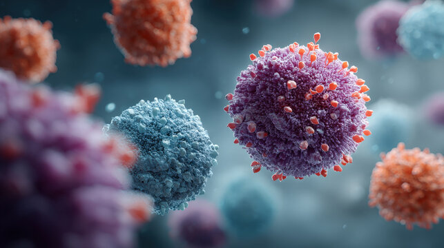 Detailed 3D Medical Illustration of a Group of Microscopic Viral Particles or Cancer Cells in Purple, Blue, and Orange Hues, Representing Virology, Immunology, and Disease Research
