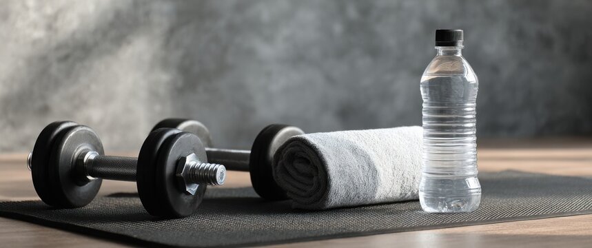 black dumbbell, water bottle, and towel on a mat against a grey background with copy space for a gym or fitness concept. - Powered by Adobe
