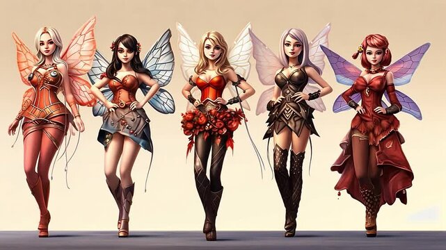 A group of fantasy fairy characters standing in a lineup. Digital art illustration of beautiful women with wings. Anime style magical beings concept