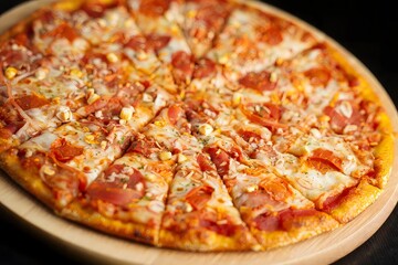 Delicious Pepperoni Pizza on Wooden Board, Close-up