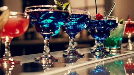 Colorful cocktail drink display with vibrant blue and red drinks in elegant glass, fruit and mint garnish on bar counter, festive party atmosphere