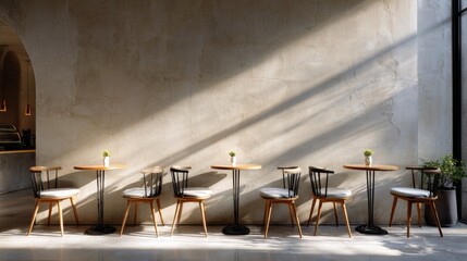 Minimalist cafe seating arrangement with wooden chairs against a textured concrete wall