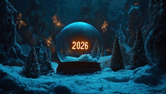 Snow globe with "2026" amidst snowy pines and fairy lights - Powered by Adobe
