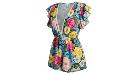 Floral print romper with flutter sleeves and plunging neckline, isolated on black