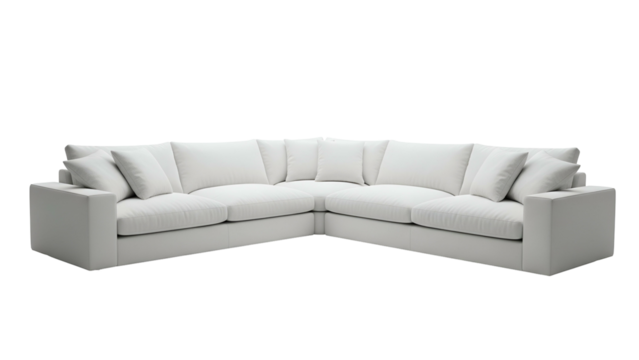 A large, modern, L-shaped white sectional sofa with fluffy cushions against a black background