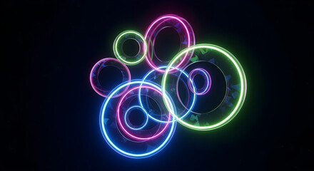 Abstract neon circles and glowing rings create a vibrant, energetic background for modern digital designs. isolated on white background