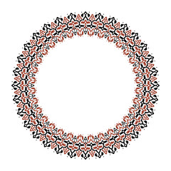 Ethnic round frame border pattern. Circular frame with an intricate, repeating ornamental pattern in black, burnt orange. Decorative border, with delicate floral, swirl motifs traditional aesthetic.
