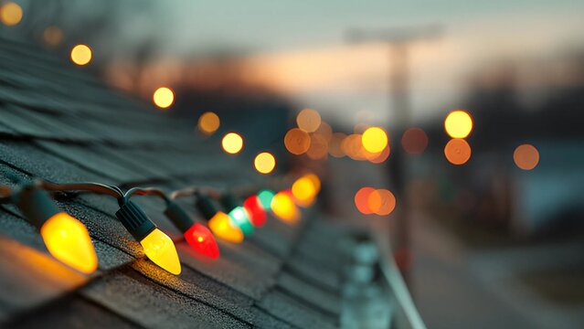 Colorful garland string of Christmas lights attached to the edge of a roof decoration. String of multicolored C7 or C9 Christmas lights bulbs installed along the eaves of a roof blur bokeh background 