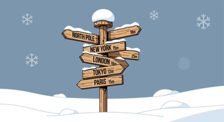 Wooden signpost with destinations in snowy landscape illustration