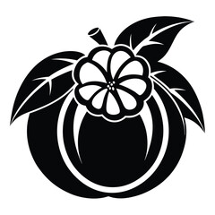 Stylized black and white mangosteen displays leaves and a prominent flower on the fruit