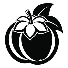 Striking black and white presents a detailed, stylized mangosteen fruit with leaves