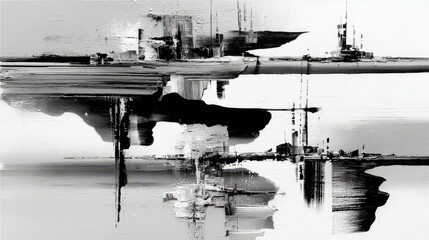 An abstract painting in black and white with thick, textured brushstrokes suggesting a cityscape and its reflection in water, creating a dramatic and moody atmo