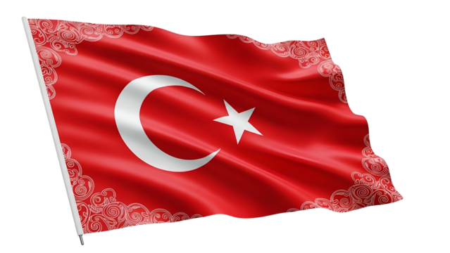 A stylized national flag with red background, white crescent and star. Bordered with ornate design