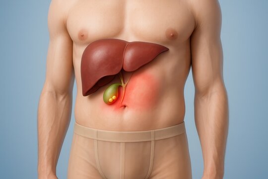 3D medical illustration showing upper abdomen with transparent skin highlighting gallbladder containing gallstones, cholelithiasis concept with mild inflammation, realistic anatomy clinical education
