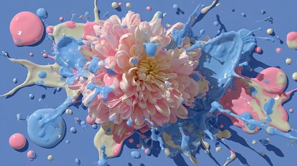 Blooming flower bursts with colorful splash on violet backdrop