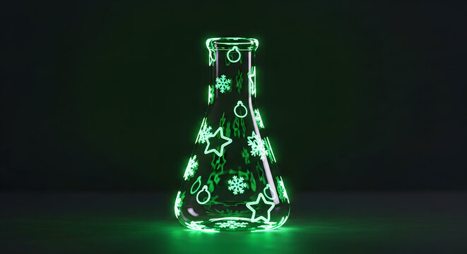 Illuminated lab flask with patterned designs on dark background  