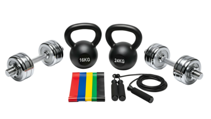 Fitness equipment set on a black background; dumbbells, kettlebells, bands, and jump rope