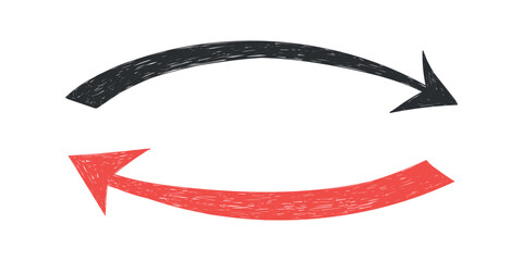 Hand drawn crayon movement arrow collection. Grunge squiggly arrow set. Pencil chalk lines sketch. Red, black brush scribble element set. Doodle vector illustration.