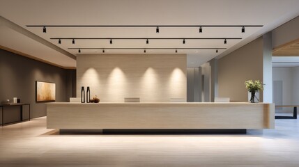 Minimalist modern hotel lobby reception desk area with track lighting and subtle decor