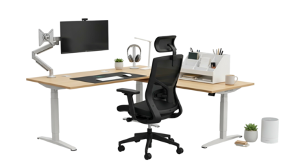 Modern ergonomic home office setup, featuring a sit-stand desk, monitor, and chair