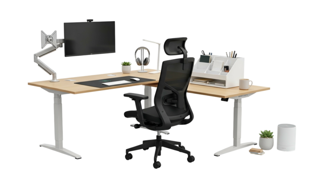 Modern ergonomic home office setup, featuring a sit-stand desk, monitor, and chair