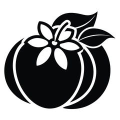 A stylized persimmon is depicted in a bold monochrome design, complete with leaves and stem