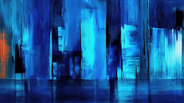 An abstract painting featuring vertical brushstrokes in shades of blue, resembling a cityscape at night, with a contrasting orange accent.