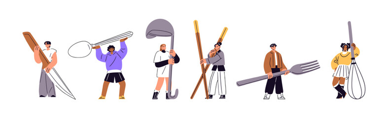 Tiny people with big cutlery set. Small men and women hold huge tableware for cooking and eating. Characters with fork, spoon, knife, soup ladle. Flat isolated vector illustrations on white background