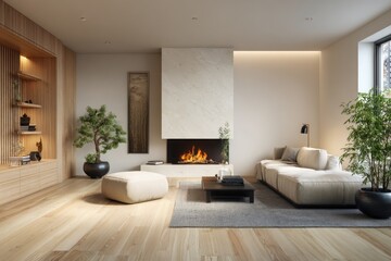 modern living room interior with wooden floor and cabinet and sofa near fireplace in a luxury apartment.