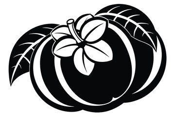 A stylized black and white persimmon displays vibrant leaves in a bold monochromatic illustration