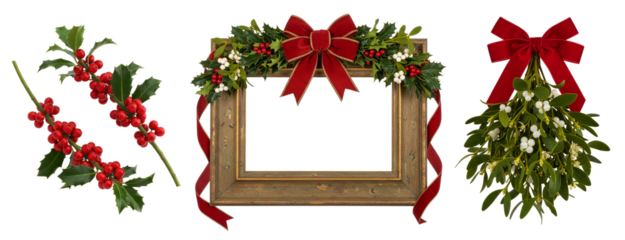 Christmas Mistletoe, Holly Berry Branch, and Decorated Wooden Frame on Transparent Background