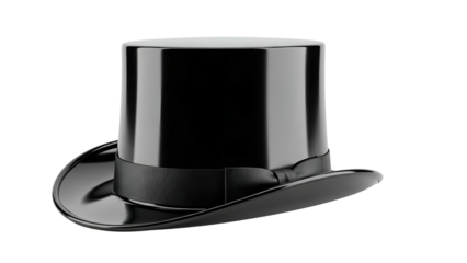 Shiny black top hat with ribbon detail, isolated on black background, showcasing its shape